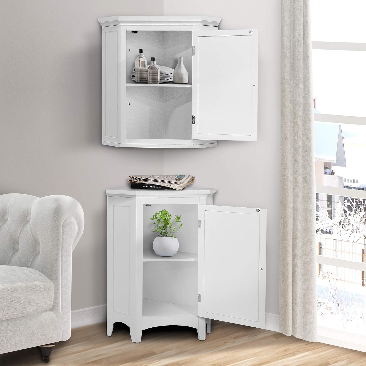 Teamson Home Glancy Freestanding Corner Floor Cabinet with Faux Louvered Door, White | Wooden, Faux Louvered Door, 2 Adjustable Tier Storage, For Bathroom Living Room