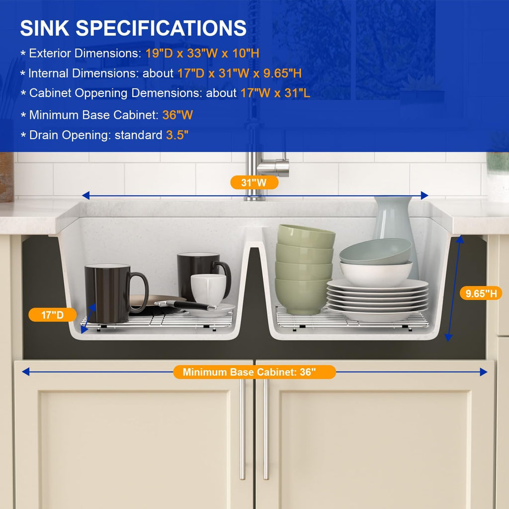 Dcolora 33 Inch Double Bowl Undermount Kitchen Sink White Deep Double Basin Prep Sink 50/50 Split Granite Composite 33'×19'×10',#DC-GU001W