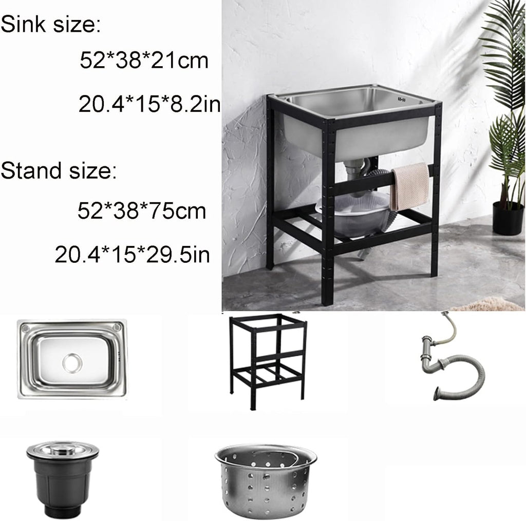 Movable Stainless Steel Kitchen Sink, Commercial 304 Stainless Steel Single Sink Bowl Restaurant Table Utility Sink Washing Hand Basin W/Faucet for Indoor Outdoor (Size : with Faucet) (Without f