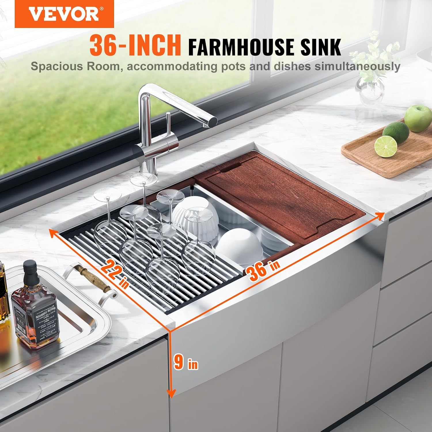 VEVOR 36 inch Kitchen Sink, 304 Stainless Steel Drop-In Sinks, Laundry Sink Top Mount Single Bowl Basin with Farm Sink Accessories, Household Dishwasher Sinks for Kitchen, Workstation, and Bar Sink