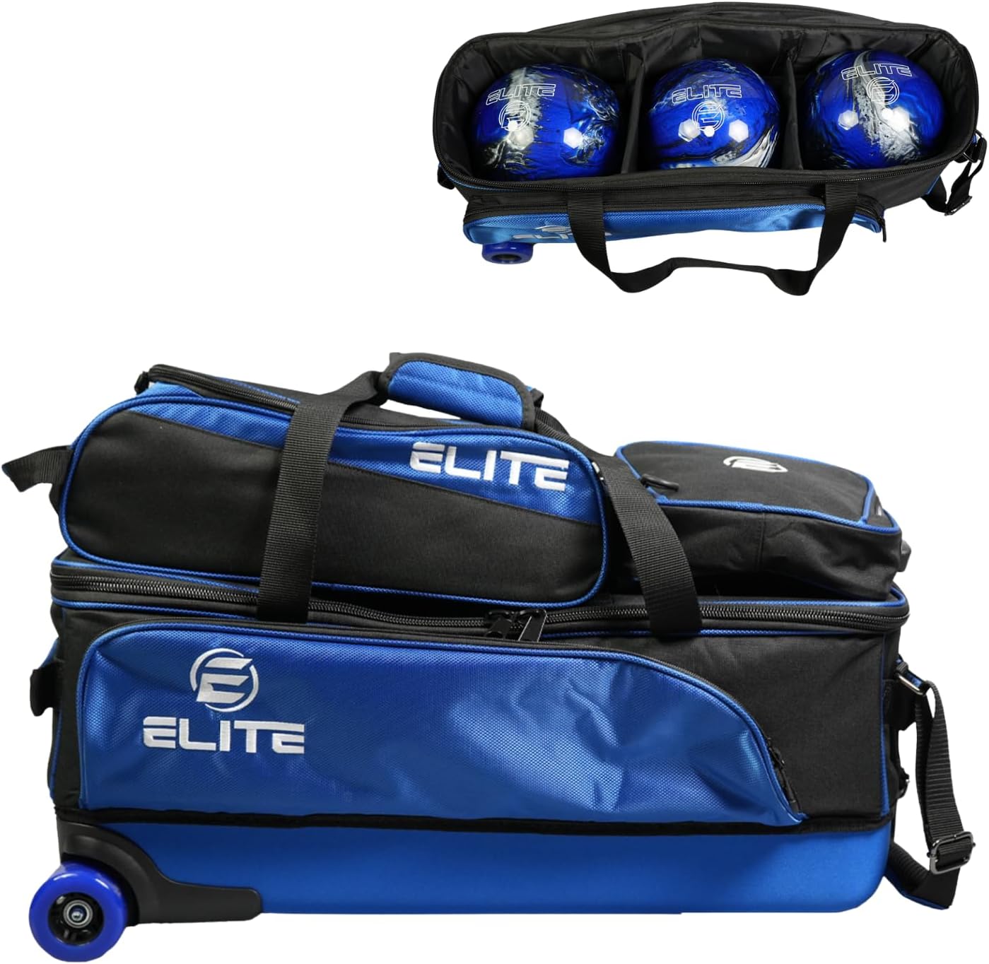 ELITE 3 Ball Slim Triple Tote Bowling Bag | Great for Tournaments and Travel | Rolling Bowling Bag With Wheels | Removable Shoe Compartment | Bowling Bags With USB Charging Port and Storage Pockets
