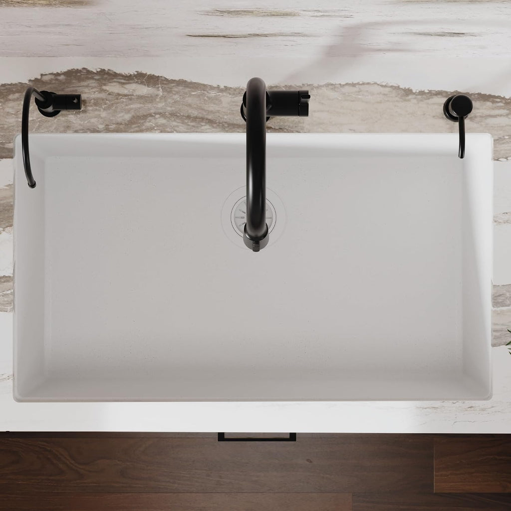 Karran 33 Inch White Undermount Single Bowl Quartz Composite Kitchen Sink, Extra Deep 9' Basin, Heat Scratch and Stain Resistant, Sound Dampening, Rear Drain Design – QU-812