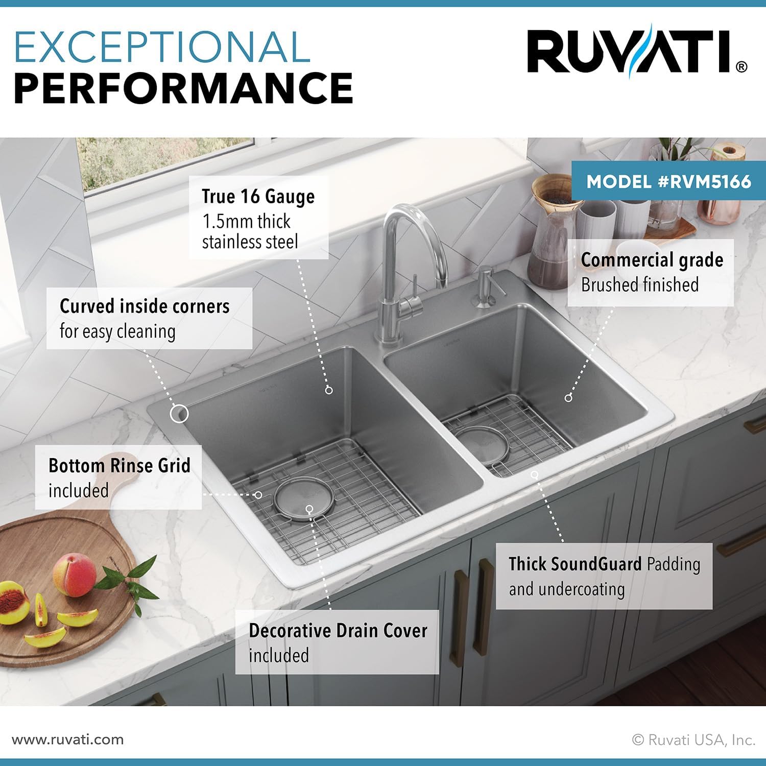 Ruvati 33 x 22 inch Drop-in Topmount Kitchen Sink - 16 Gauge Stainless Steel 60/40 Double Bowl Kitchen Sink with Brushed Finish hides scratches, Easy-to-Clean Drop-in kitchen Sink - RVM5166