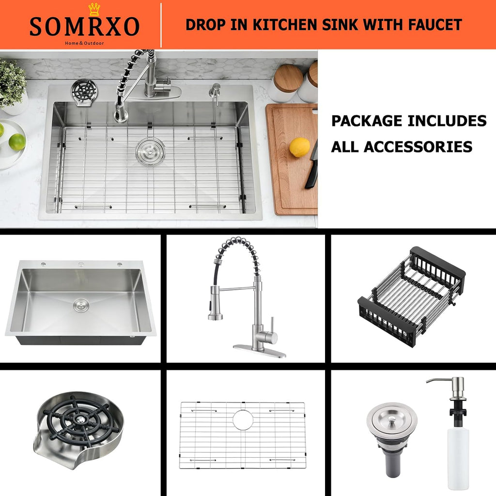 33x19 Inch Drop in Kitchen Sink with Faucet Combo - Stainless Steel 10 Inch Deep Single Bowl Top Mount Kitchen Sink with Cup Washer
