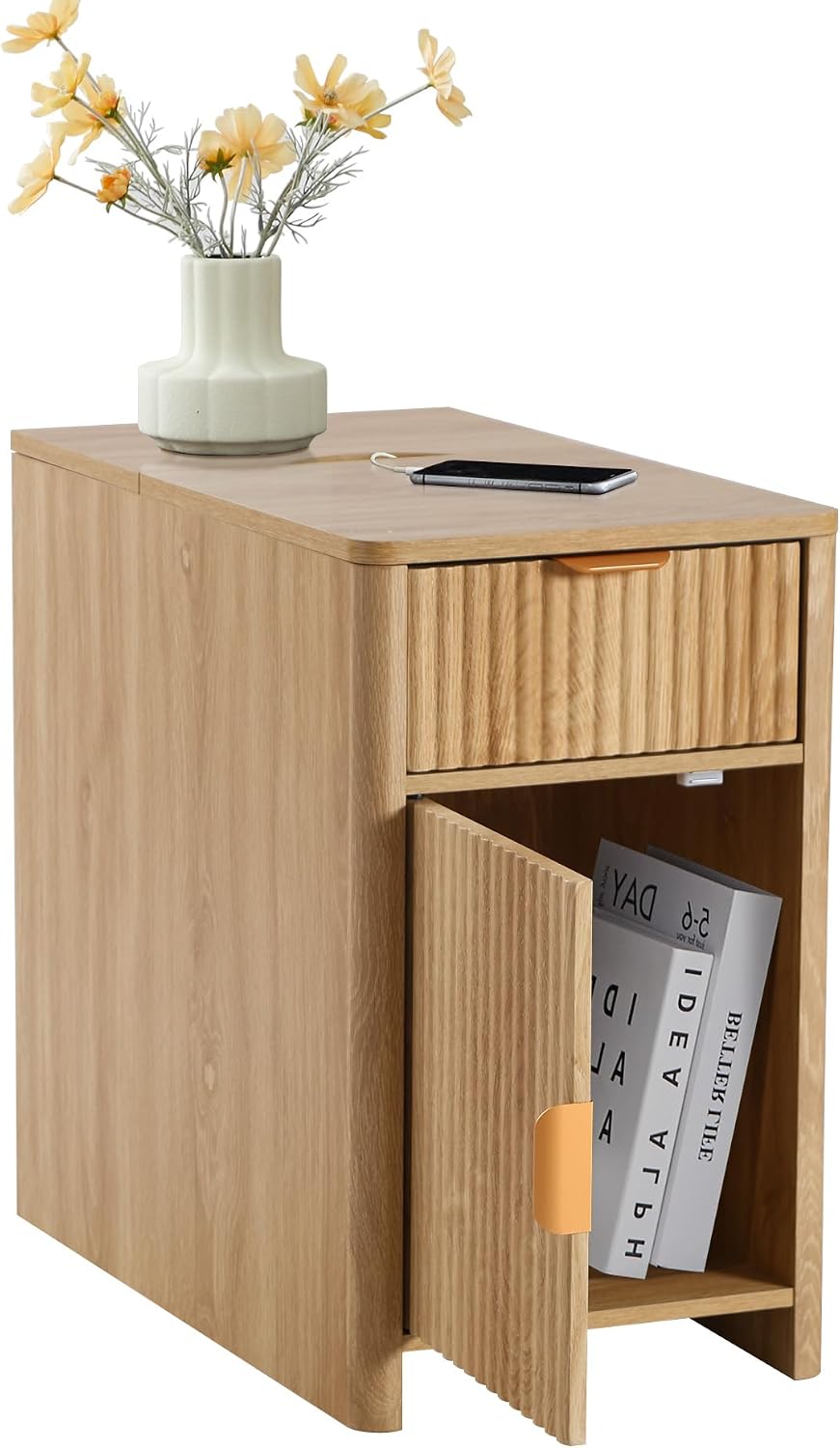 Fluted Narrow End Table with Charging Station, Boho Side Table with Drawer Storage, Small Night Stand with Power Outlets and USB Ports, Sofa Side Table for Living Room, Natural