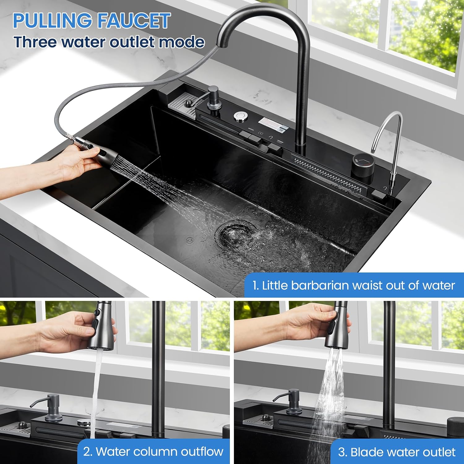 33x22 Inch Smart Waterfal Kitchen Sink Workstation, Gunmetal Black Drop-In Sink Handmade 16 Gauge Stainless Steel Single Bowl