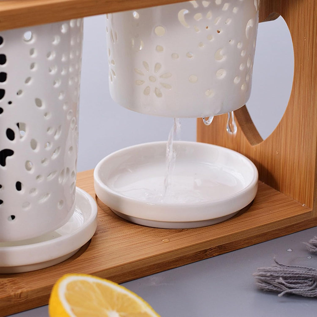 Cup Storage Holder,Bamboo Utensil Holder Set - 3 Ceramic Caddies with Drain Tray for Kitchen Counter, Ideal for Spoon, Fork & Knife Organization，A 8.27in