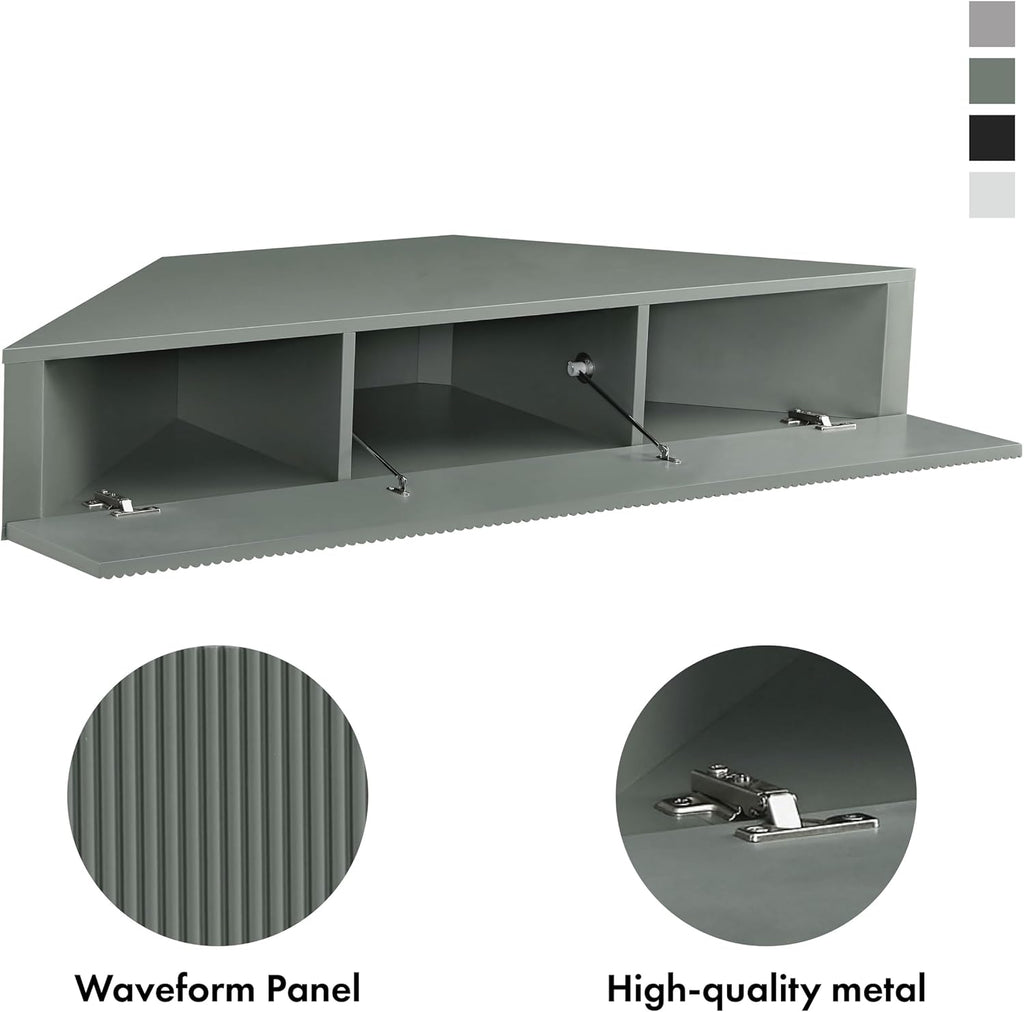 24/7 Shop at Home French 47 inch Modern Floating TV Console Table with 3D Wavy Panel Door, Wood Entertainment Center with Storage Space, Wall Corner Shelf for Living Room, Bedroom, Office, Sage Green