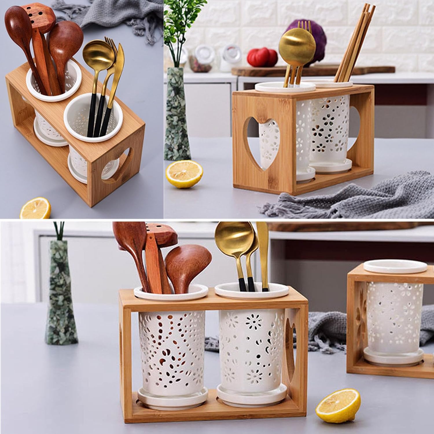 Cup Storage Holder,Bamboo Utensil Holder Set - 3 Ceramic Caddies with Drain Tray for Kitchen Counter, Ideal for Spoon, Fork & Knife Organization，A 8.27in