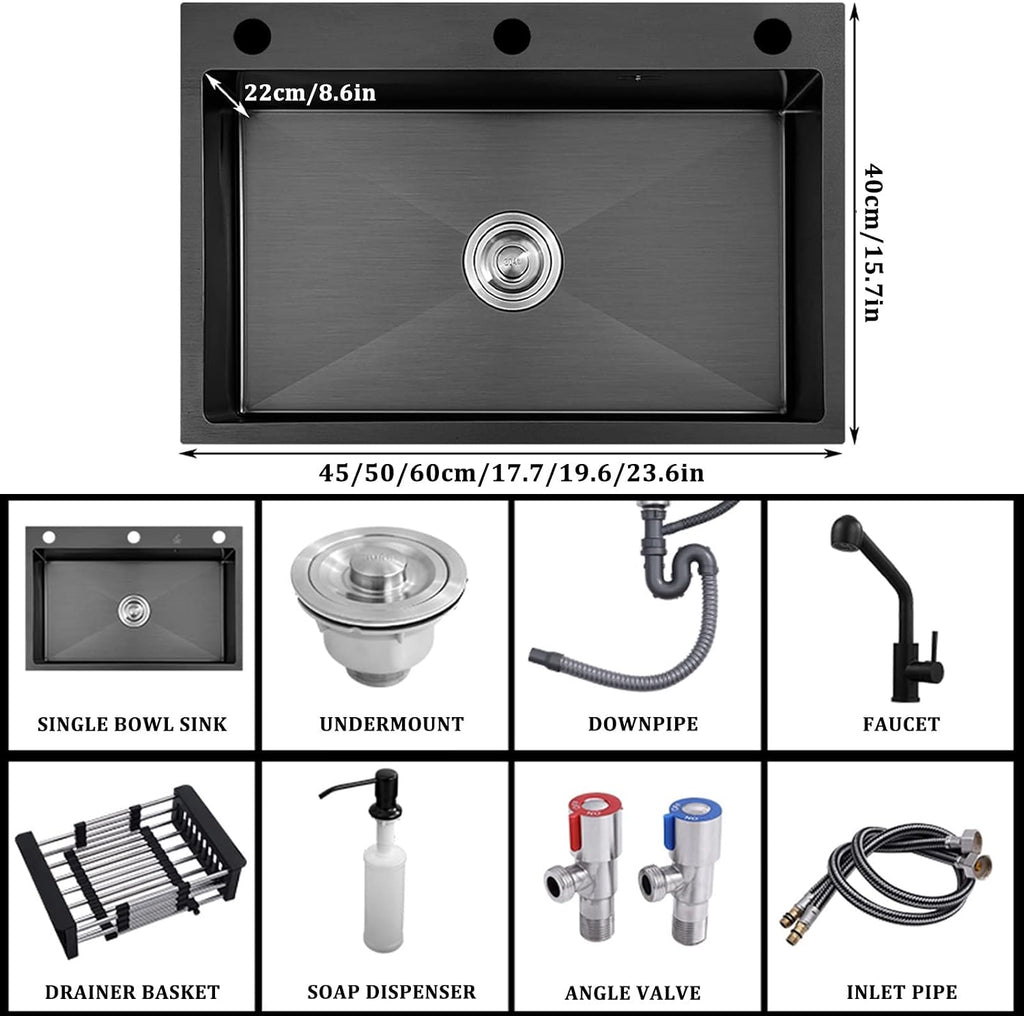 Black Single Bowl Kitchen Sink 304 Stainless Steel Bar Sink Household Handmade RV Sink with Pull-Out Faucet and Drainage Kit Top Mount Or Undermount (Color : Black, Size : 45x40x22cm)