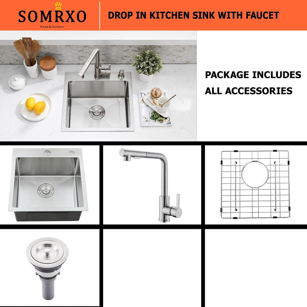 18×18 Inch Drop In Bar Sink with Faucet Combo - Stainless Steel Top Mount Single Bowl Kitchen Sink, 9 Inch Deep Small Kitchen Sink for Bar Prep, Drop In RV Sinks