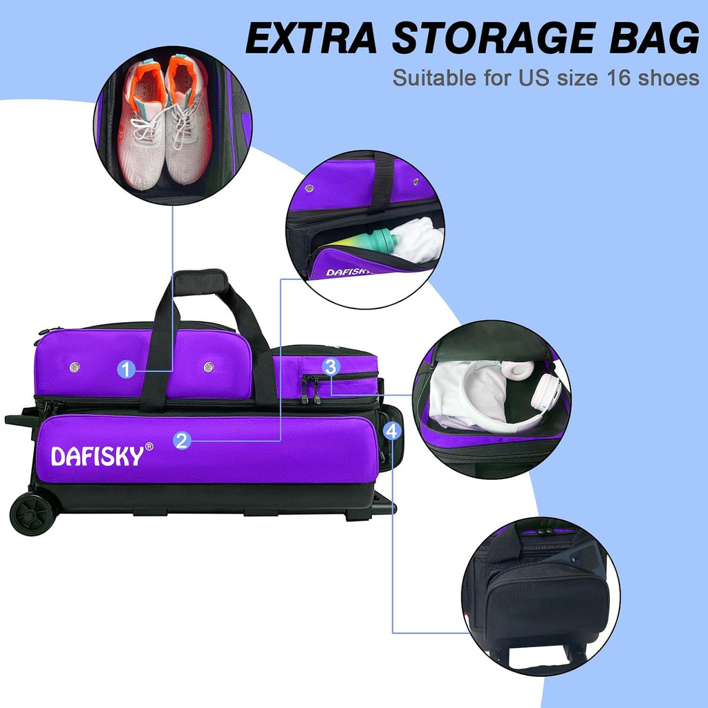 DAFISKY 3 Ball Bowling Bags with Wheels, Roller Bowling Bag with Multiple Pockets Retractable Handle Extends to 38''