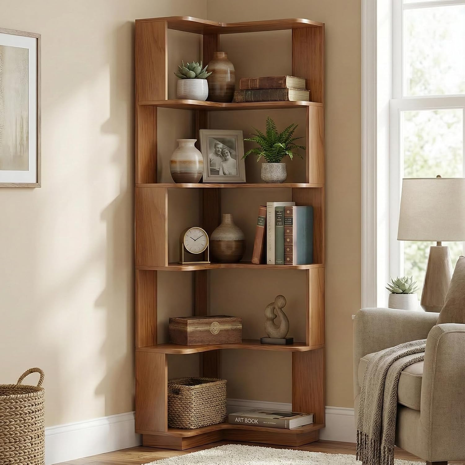 5 Tier Corner Bookshelf, Freestanding L-Shaped Wooden Bookcase with Open Shelves, Anti-Fall Panels and Anti-Tipping Device for Living Room, Bedroom, Home Office (Dark Oak)