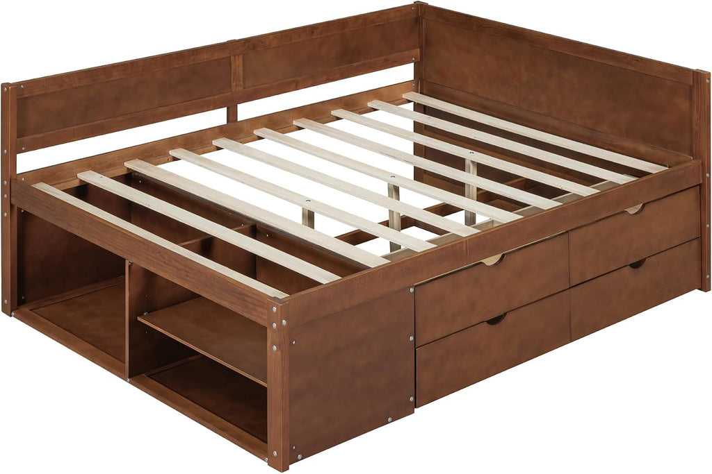 Harper & Bright Designs Wood Corner Daybed with Storage Shelves and 4 Drawers,Full Size Floor Storage Platform Bed Frame with L Shape Heaboard for Bedroom Nook,No Box Spring Needed,Walnut
