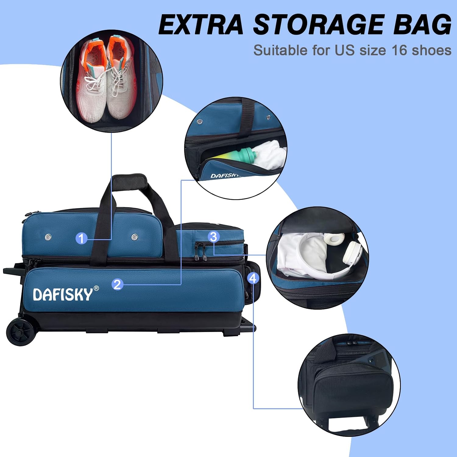 DAFISKY 3 Ball Bowling Bags with Wheels, Roller Bowling Bag with Multiple Pockets Retractable Handle Extends to 38''