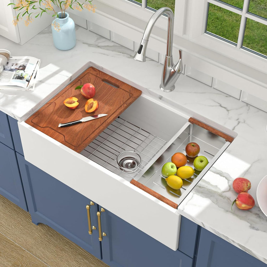 White Farmhouse Sink 33 Inch Kitchen Sinks Workstation Flat Fireclay Porcelain Ceramic Single Bowl Farm Sinks 33x20x10 Inch with Red Wooden Cutting Board