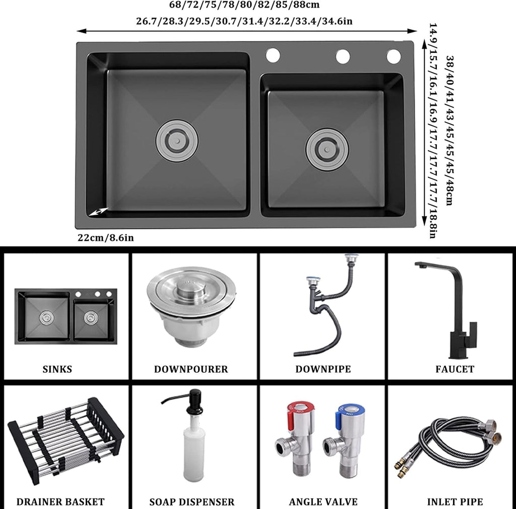Black Double Bowl Kitchen Sink 304 Stainless Steel Bar Sink Square RV Sink with Faucet & Drain Top Mount Or Undermount (Color : Black-b, Size : 78x43x22cm)
