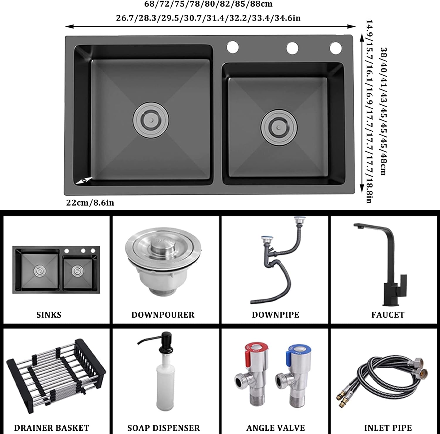 Black Double Bowl Kitchen Sink 304 Stainless Steel Bar Sink Square RV Sink with Faucet & Drain Top Mount Or Undermount (Color : Black-b, Size : 78x43x22cm)