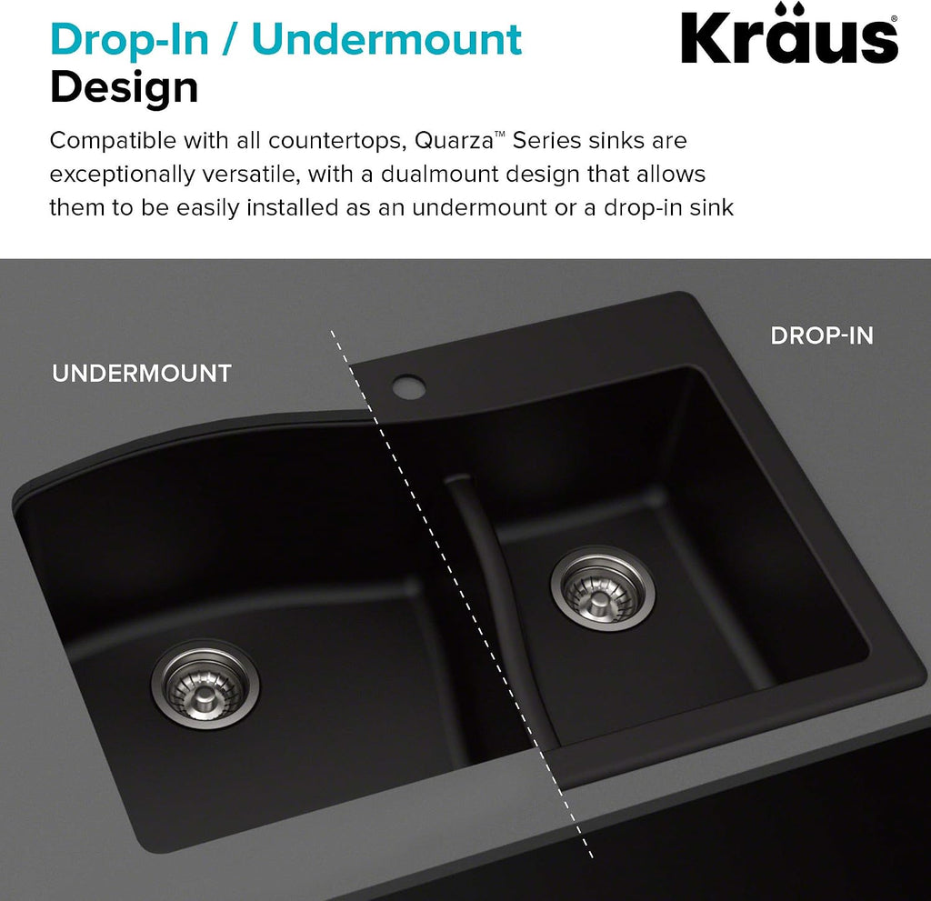 KRAUS Quarza 33-inch Drop-In/Undermount 60/40 Double Bowl Granite Kitchen Sink in White, KGD-442WHITE