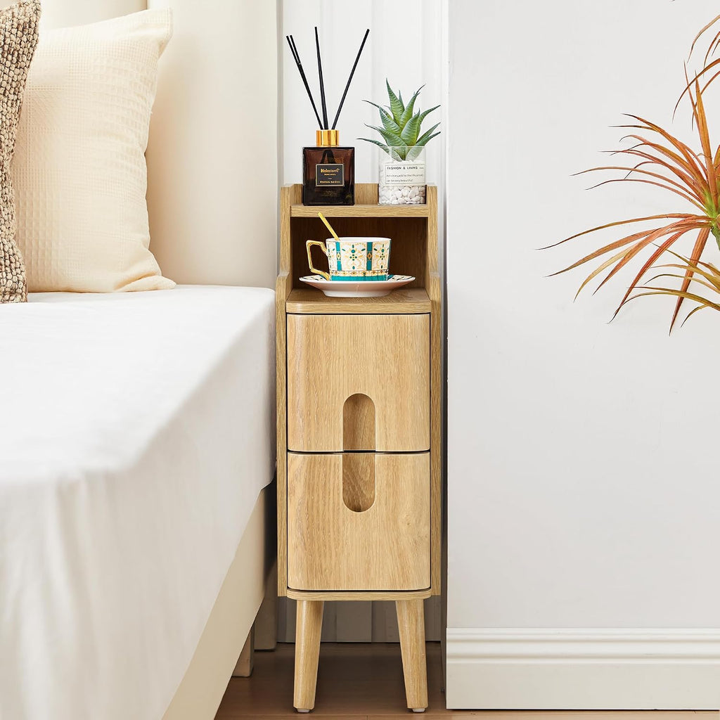 Small Nightstand Set of 2, Wood 2 Drawer Narrow Nightstand, Slim Side Table, Modern Skinny End Bedside Table, Natural Wood Night Stand with Drawers for Bedroom (Natural-2 pcs)