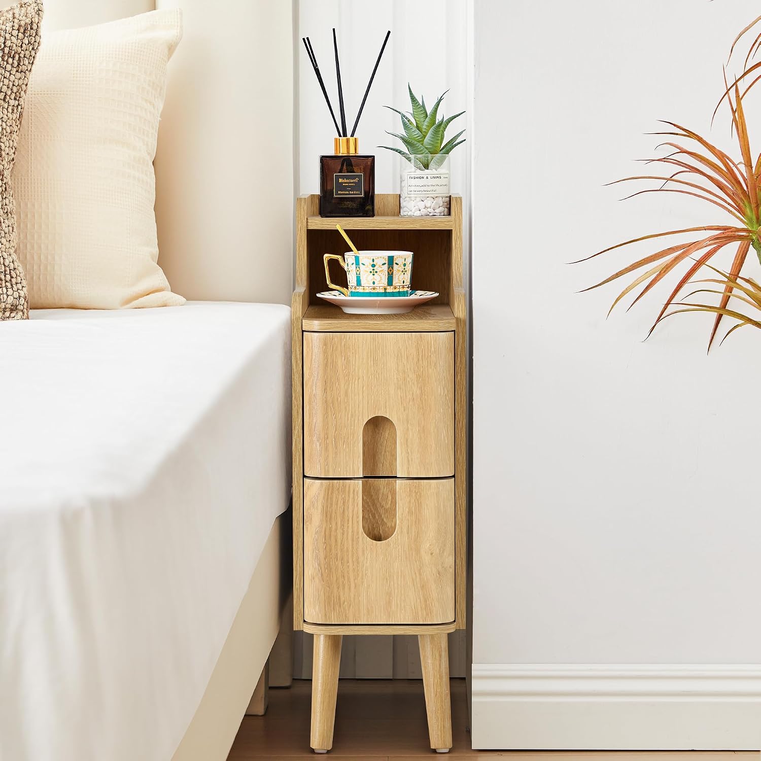 Small Nightstand Set of 2, Wood 2 Drawer Narrow Nightstand, Slim Side Table, Modern Skinny End Bedside Table, Natural Wood Night Stand with Drawers for Bedroom (Natural-2 pcs)