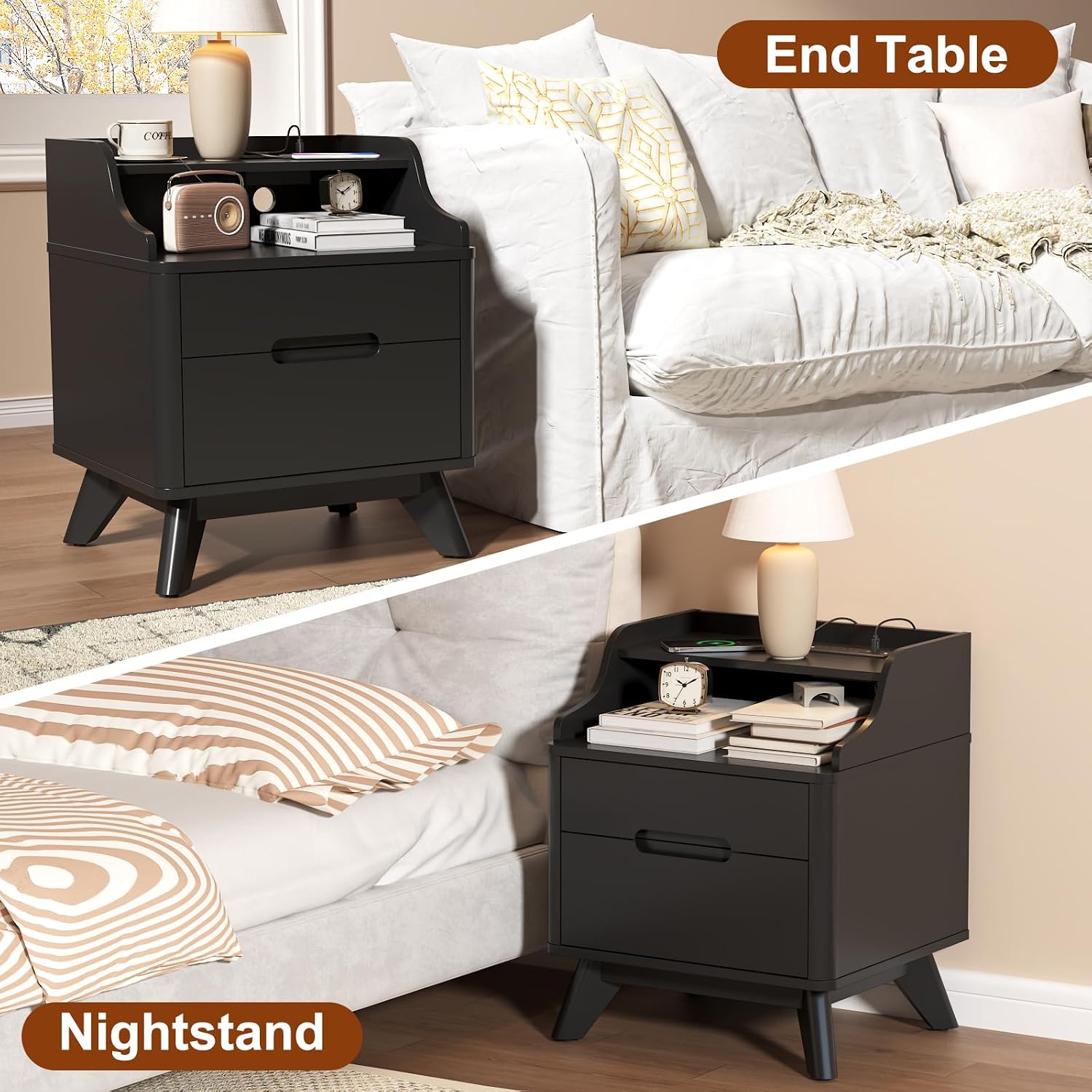 Nightstand with Charging Station, 21' Tall Nightstand w/2 Storage Drawers, Wood Night Stand with Hidden Handle, 17'' Wide Modern Bedside Table for Bedroom Dorm Home Office (Black)