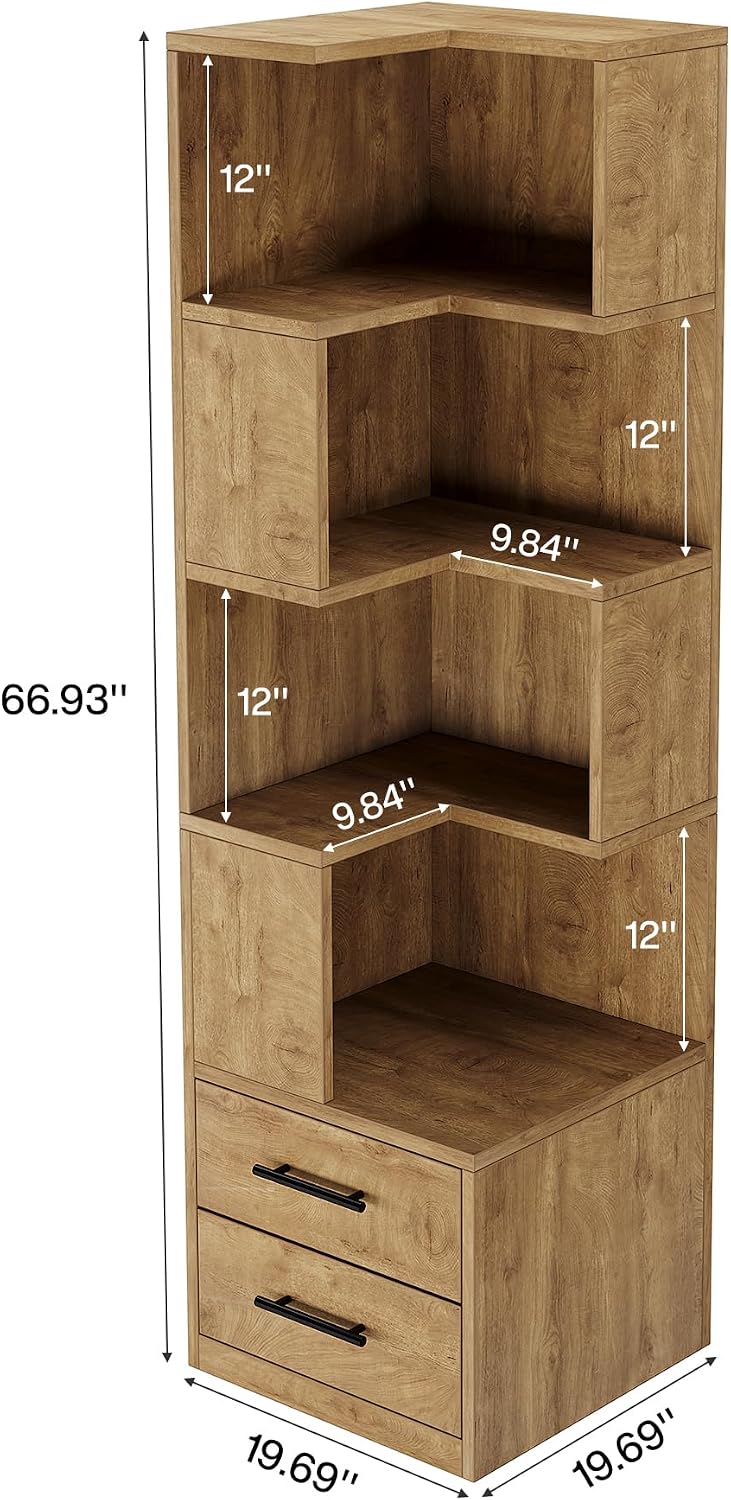 Tribesigns 5-Tier Corner Bookshelf with 2 Drawers, 66.9-Inch Tall Corner Bookcase Shelf, Modern Simple Corner Storage Cabinet Display Rack Shelf for Living Room, Home Office (Natural Brown)