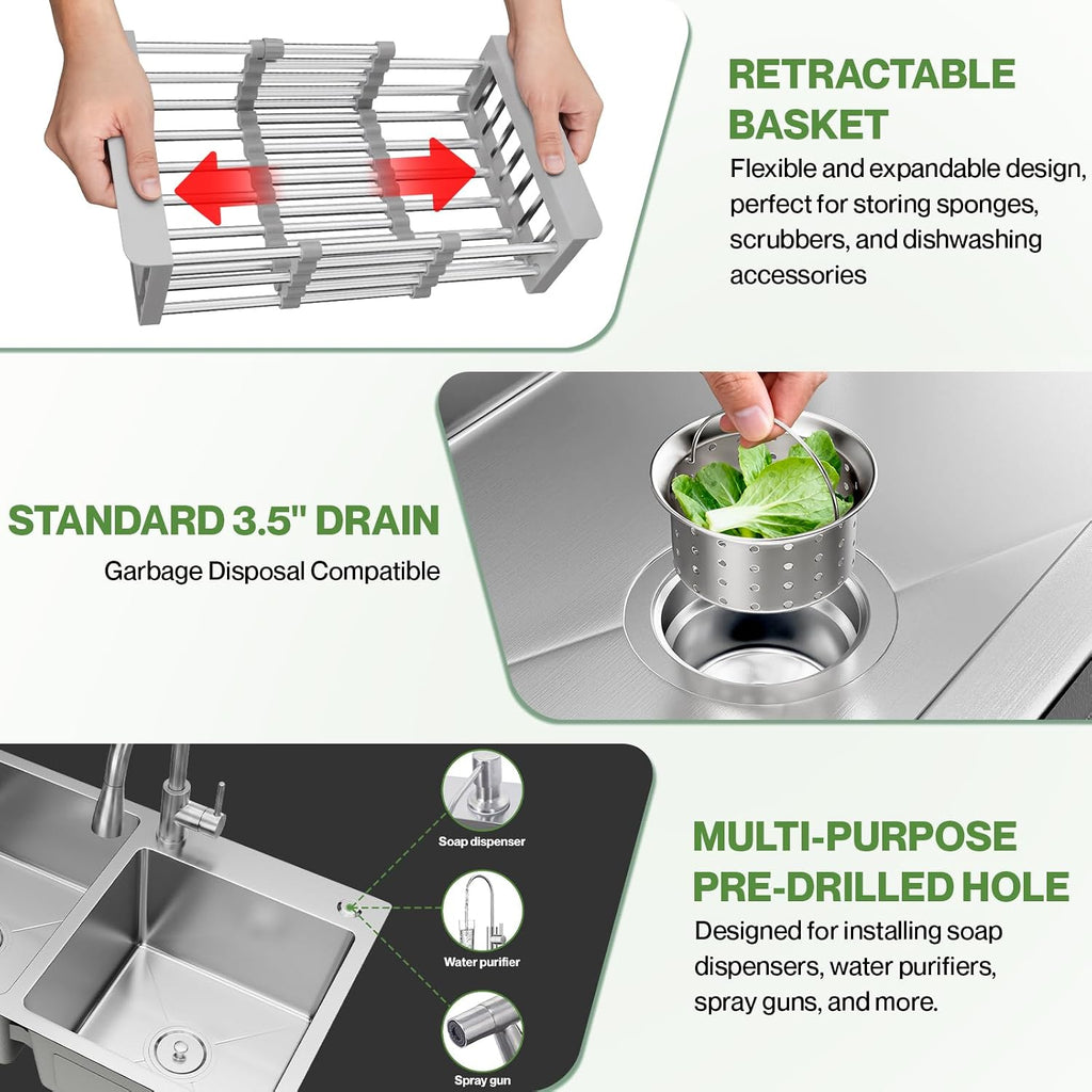 31' x 18' Double Bowl Kitchen Sink, Drop-in/Topmount 304 Stainless Steel Sink with Nano Coating & Accessories Set