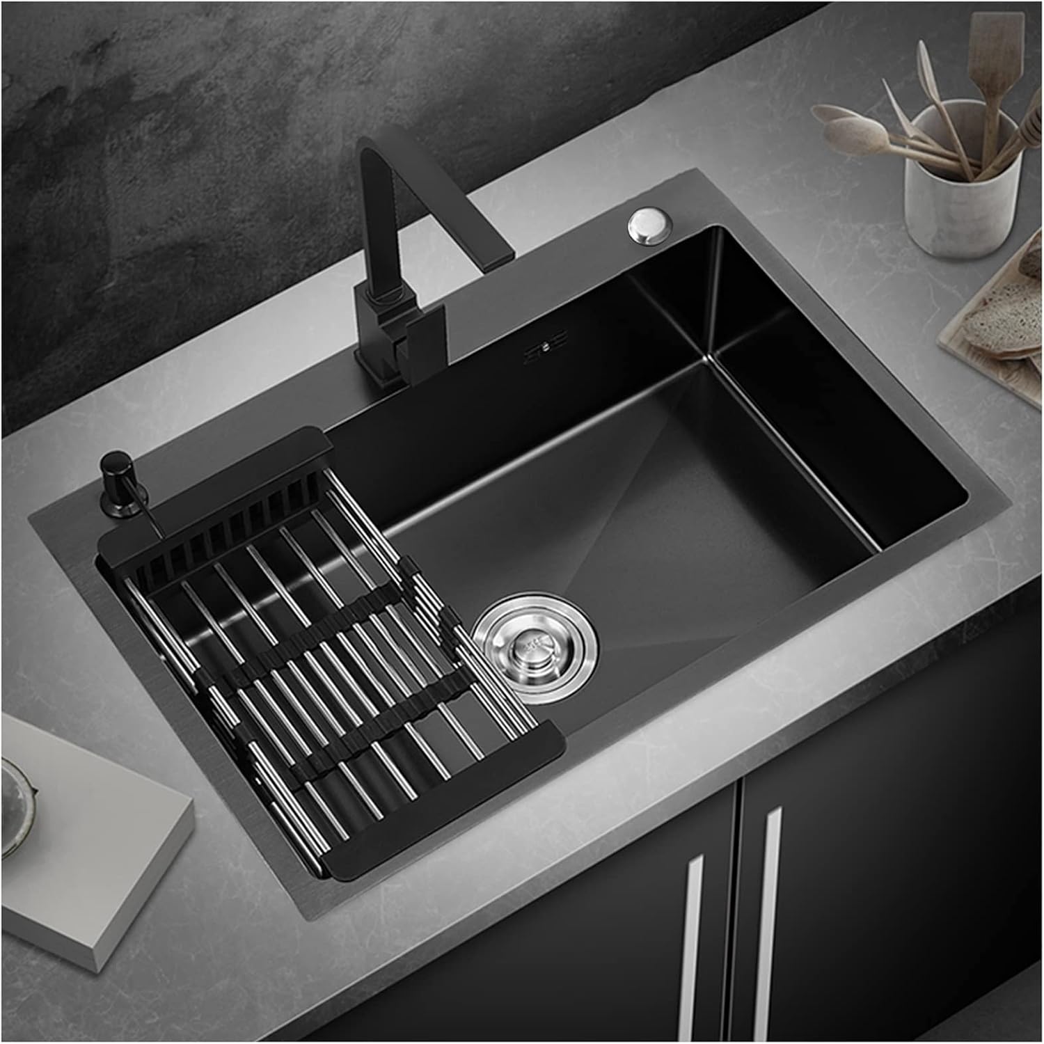304 Stainless Steel Kitchen Sink Household Handmade Single Bowl Bar Sink Square Nano RV Sink with Faucet and Drainage Kit Top Mount Or Undermount (Color : Black-b, Size : 68x45x20cm) (Blackb 55x4