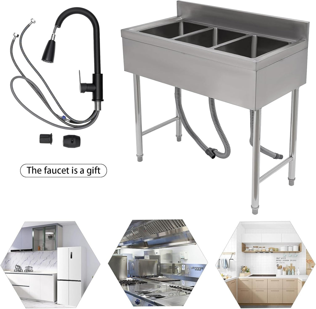 Kitchen Sink, 3 Compartment Bowl Free Standing, Commercial Sink 3 Bowl Waterfall Prep & Utility Washing Hand Basin Stainless Steel Workstation Sink with Faucet for Restaurant Bar Garage