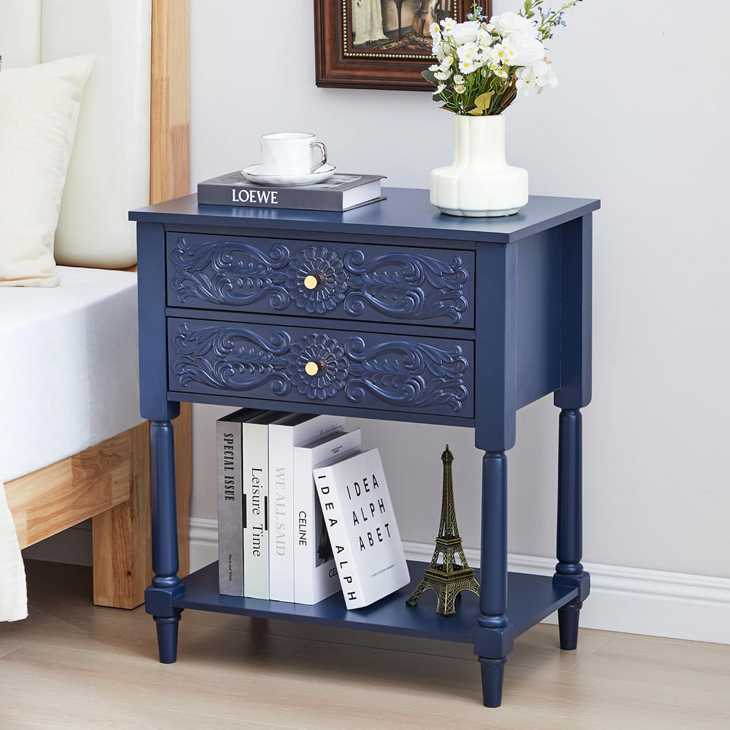 Nightstand, Farmhouse Bedside Table with 2 Drawers and Open Shelf, Wood Sofa Side Table End Table Accent Dresser for Bedroom, Living Room (with Shelf, Blue)