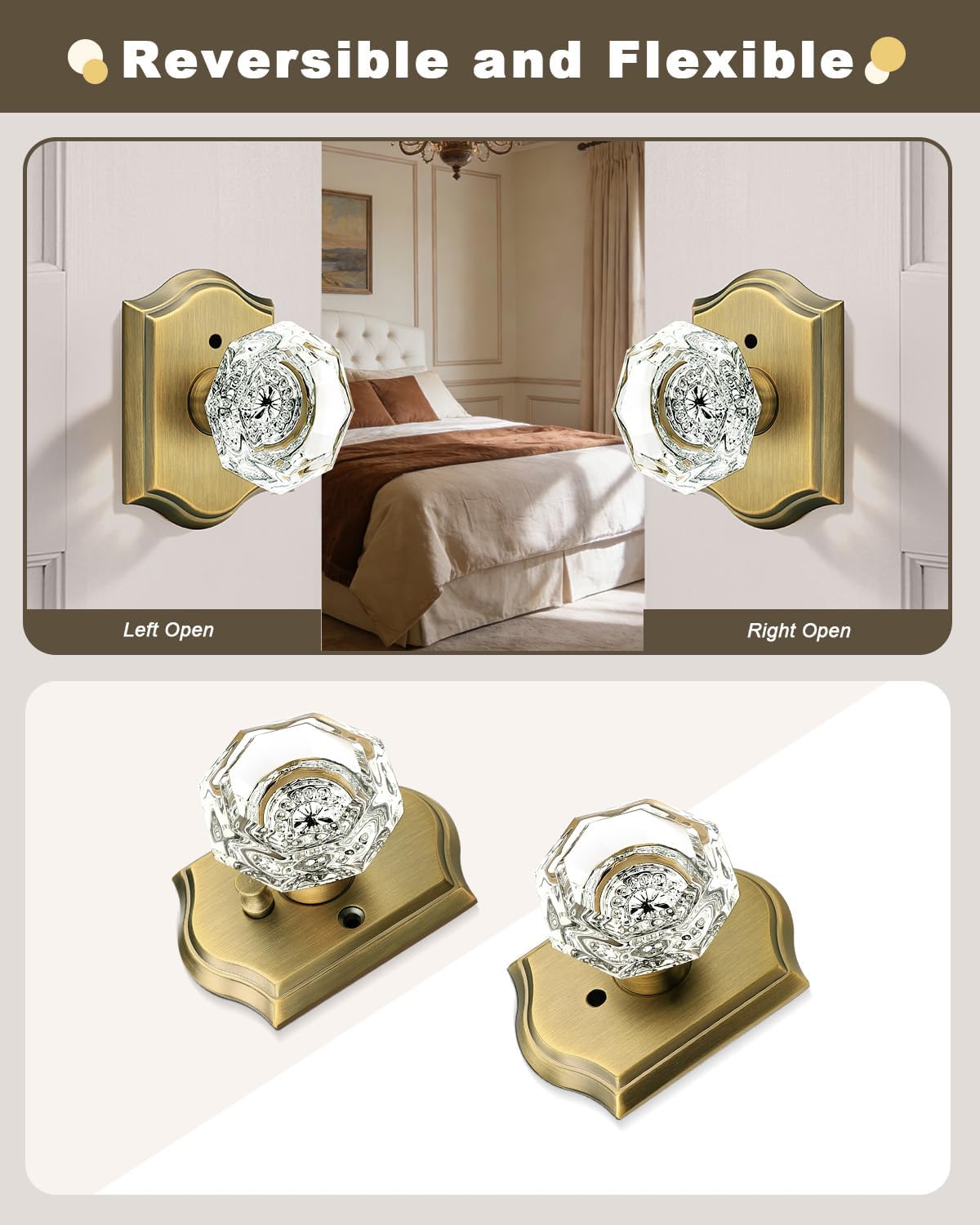 Gobrico 10 Project Pack Octagonal Crystal Door Knobs with Lock,Interior Privacy Door Locksets for Bedroom/Bathroom,Keyless Outside,Push Pin Inside,Antique Brass,Heavy Duty