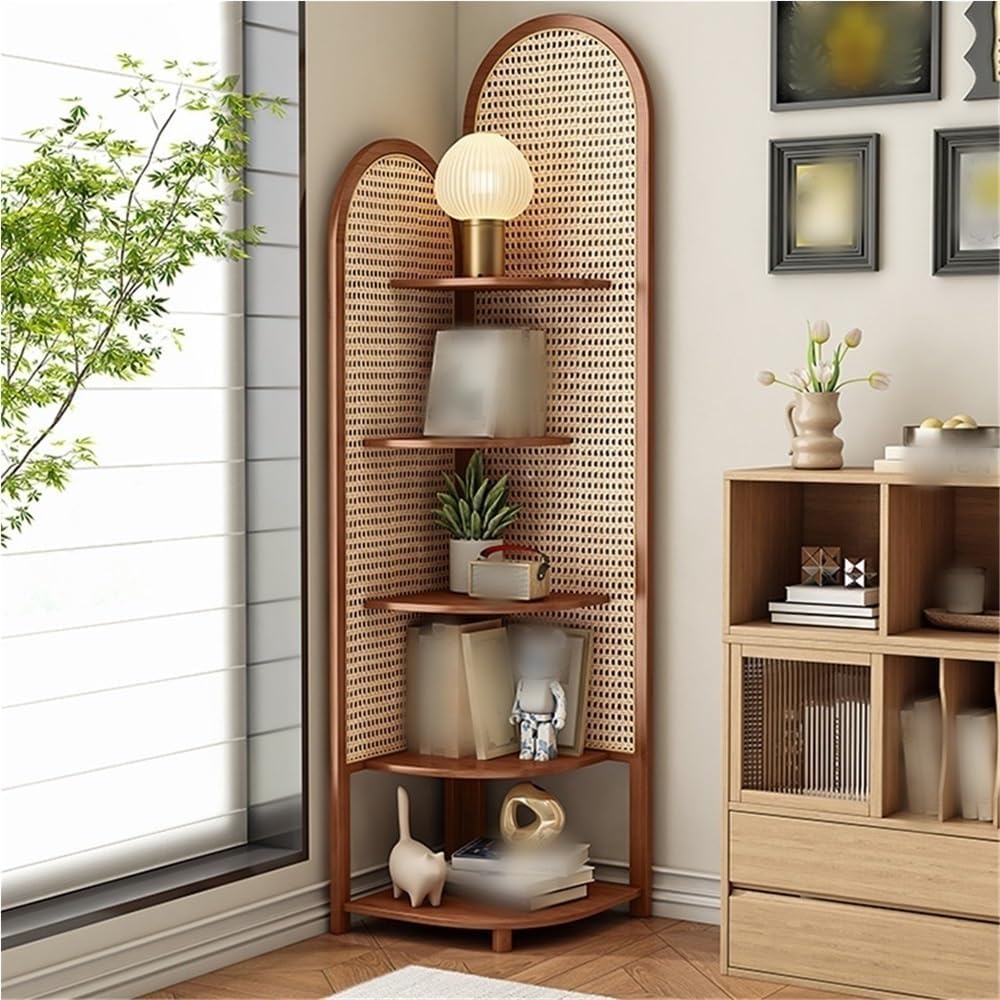 5 Tier Rattan Corner Shelf, Multi-Functional Corner Shelf, Corner Bookshelf, Triangular Rattan Shelf for Living Room, Bedroom(Orange)