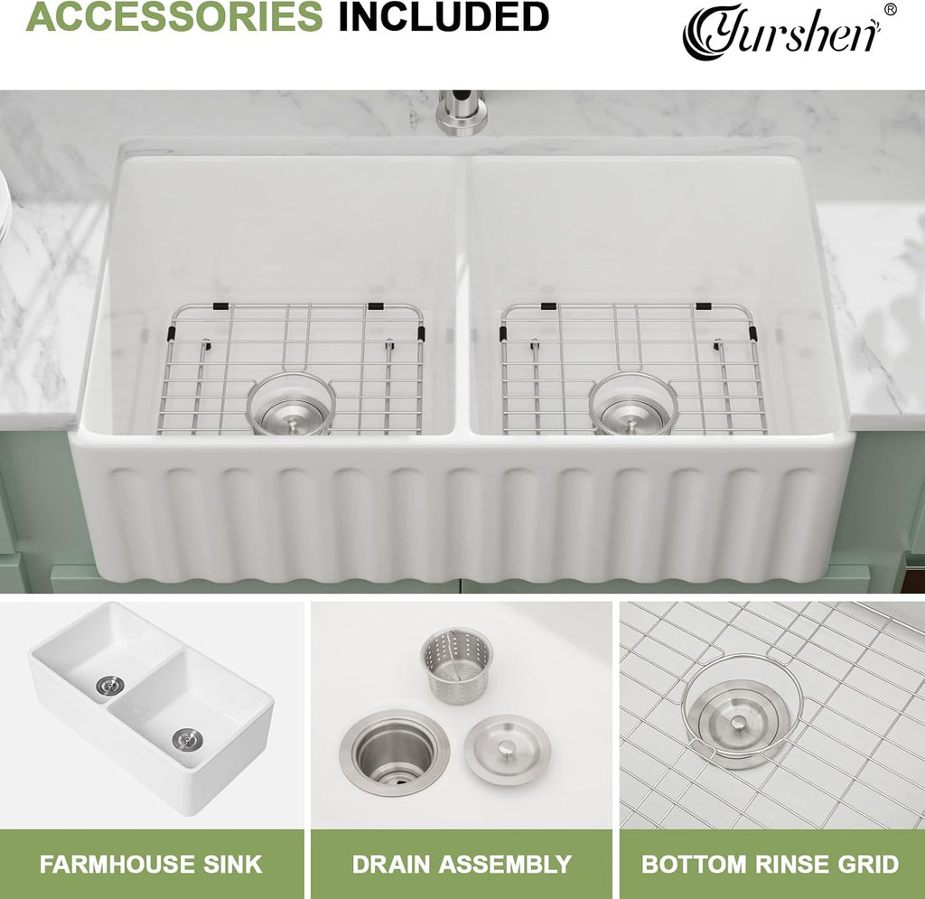 33 Inch White Fireclay Farmhouse Sink 50/50 Double Bowl Apron Front Ceramic Kitchen Sinks Extra Large Country Barn Style Farmer Sink Basin, 33'X18'X10' #YSAC0201