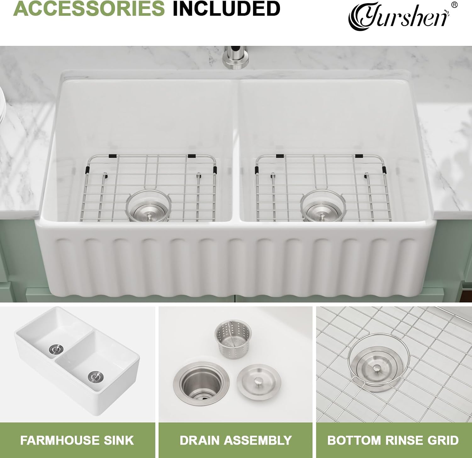 33 Inch White Fireclay Farmhouse Sink 50/50 Double Bowl Apron Front Ceramic Kitchen Sinks Extra Large Country Barn Style Farmer Sink Basin, 33'X18'X10' #YSAC0201