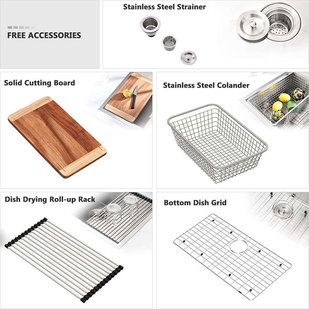 32 Inch Kitchen Sink Drop In Workstation-VASOYO 32x22 Stainless Steel Drop In Kitchen Sink Workstation 16 Gauge Single Bowl Deep Top Mount Sinks Stainless Sinks with Cutting Board