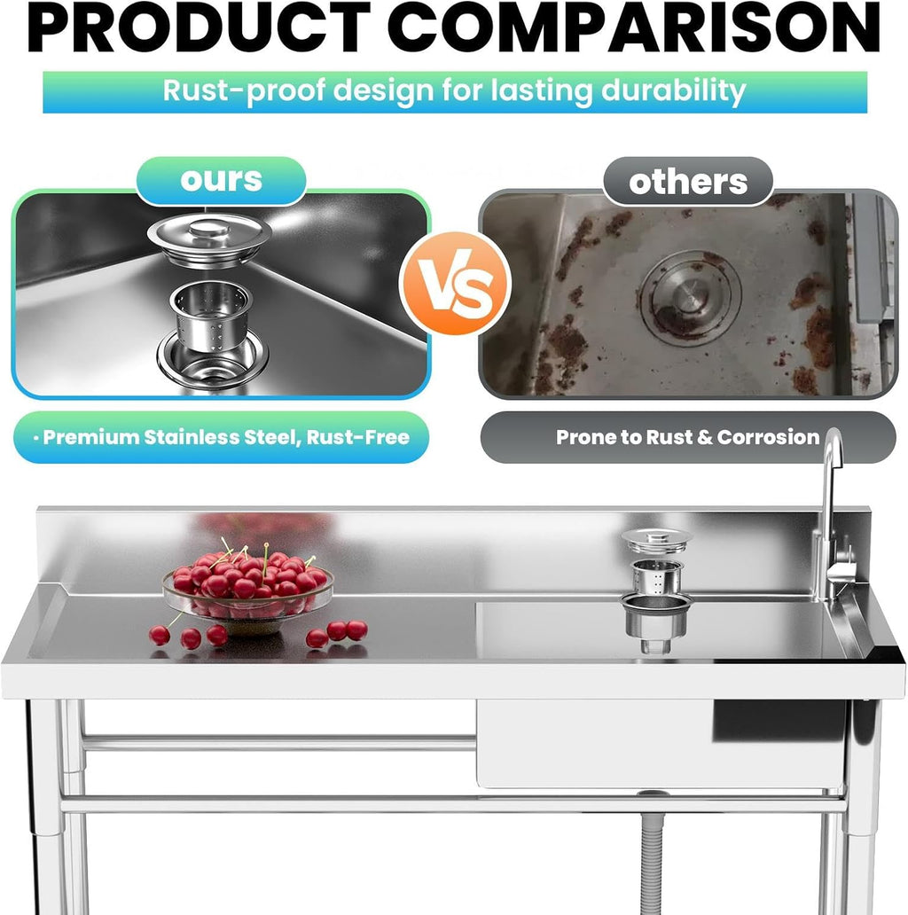 1 Compartment Sink Commercial, Stainless Steel Utility Sink for Restaurant Bar Kitchen, Extra Large Triple Bowl Commercial Sink for Food Prep and Cleaning (1 Compartment)