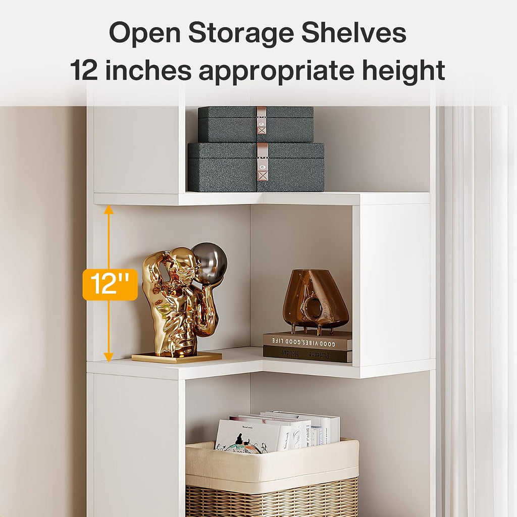 Tribesigns 5-Tier Corner Bookshelf with 2 Drawers, 66.9-Inch Tall Corner Bookcase Shelf, Modern Simple Corner Storage Cabinet Display Rack Shelf for Living Room, Home Office (White)