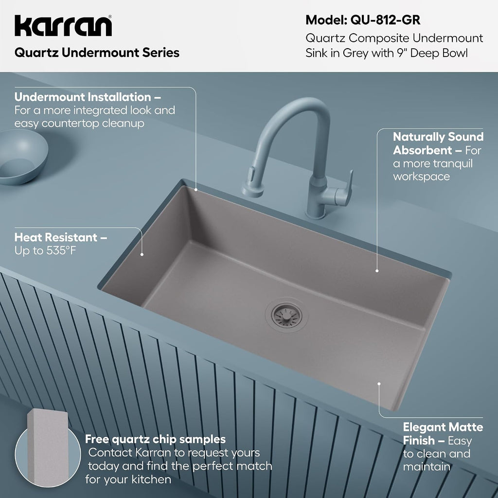 Karran Undermount 33' Large Single Bowl Granite Quartz Composite Kitchen Sink in Grey – Extra Deep 9' Basin, Heat & Scratch Resistant, Sound Dampening, Rear Drain – QU-812