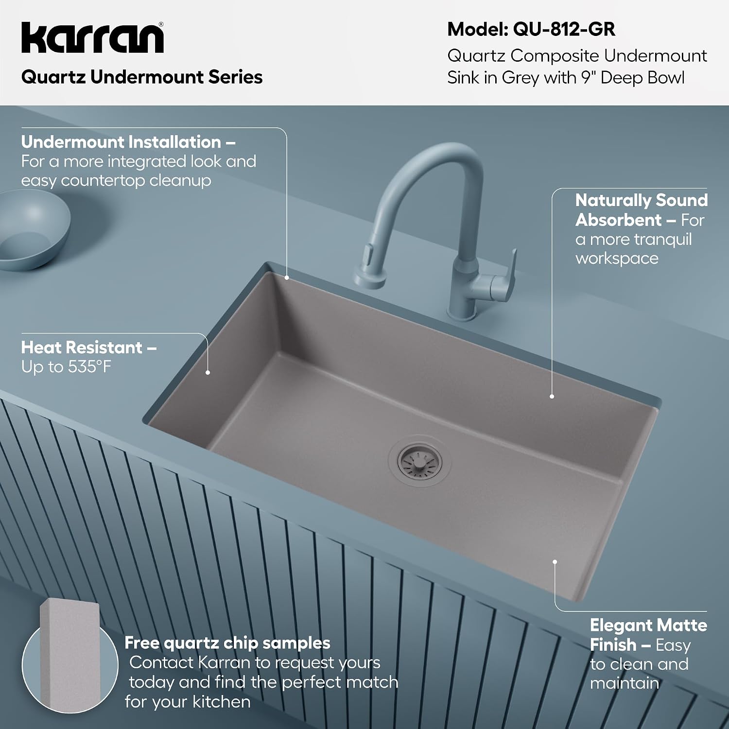 Karran Undermount 33' Large Single Bowl Granite Quartz Composite Kitchen Sink in Grey – Extra Deep 9' Basin, Heat & Scratch Resistant, Sound Dampening, Rear Drain – QU-812