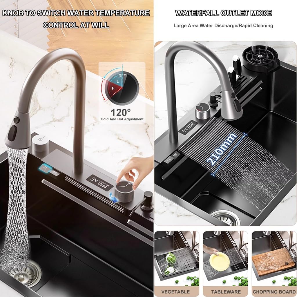 Waterfall Kitchen Sink Single Bowl Bar Sink Workstation Kitchen Sink with Three-in-one Pull-Out Faucet LED Digital Display Screen Pressurized Cup Washer Knife Holder Box (Black 75x45x21cm)