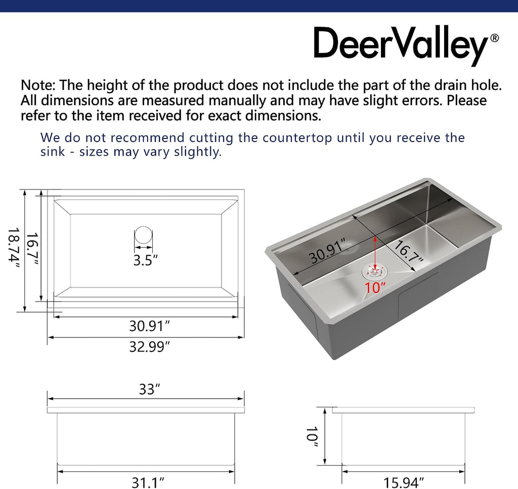 DeerValley Undermount Kitchen Sink Workstation 33 Inch, 16 Gauge Stainless Steel Single Bowl Sink, Handmade with Built-In Accessories, Ledge Design & Cutting Board