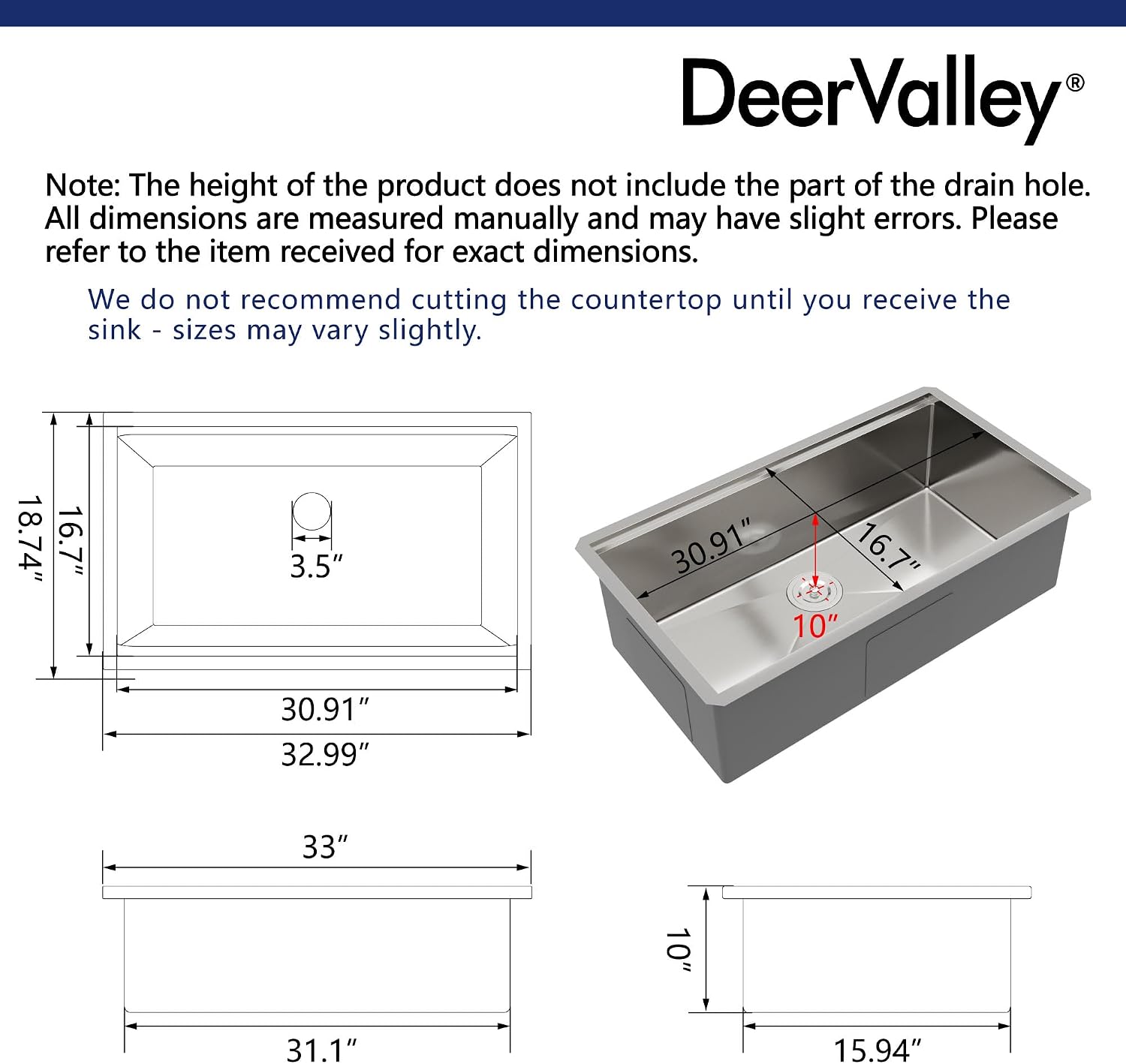 DeerValley Undermount Kitchen Sink Workstation 33 Inch, 16 Gauge Stainless Steel Single Bowl Sink, Handmade with Built-In Accessories, Ledge Design & Cutting Board