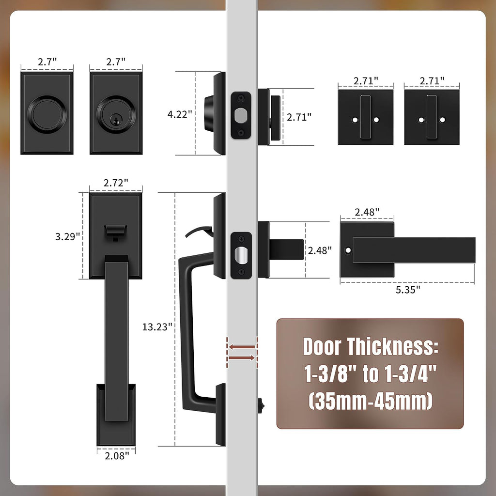 Double Front Door Lock Set, Keyed Entry Front Door Handleset with Dummy, Square Heavy Duty Door Lever and Single Cylinder Deadbolt Combo, Matte Black