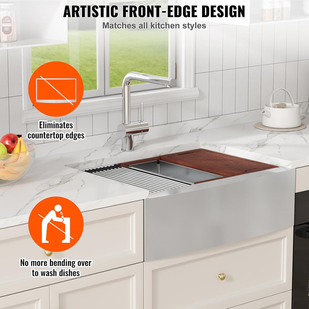 VEVOR 33 inch Farmhouse Kitchen Sink, 304 Stainless Steel Sink, Top Mount Single Bowl Kitchen Sinks with Ledge & Accessories, Household Dishwasher Sinks for Farm, Prep Kitchen, Garage and Bar Sink