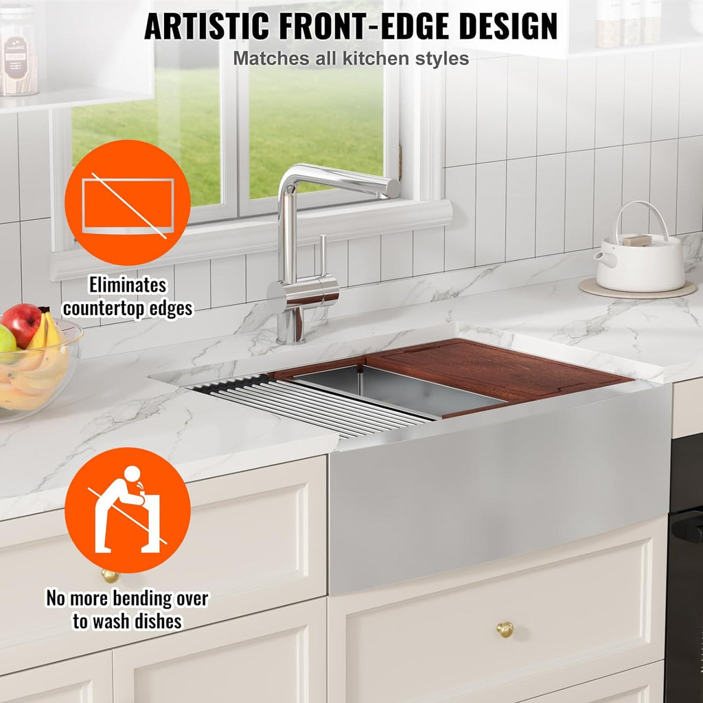 VEVOR Farmhouse Kitchen Sink, 304 Stainless Steel Drop-In Sinks, Top Mount Single Bowl Basin with Ledge & Accessories, Household Dishwasher Sinks for Workstation, Prep Kitchen, and Bar Sink, 30 inch