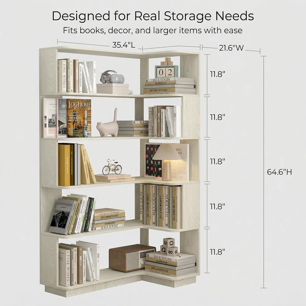 6 Tier Corner Bookshelf, Freestanding L-Shaped Wooden Bookcase with Open Shelves, Anti-Fall Panels and Anti-Tipping Device for Living Room, Home Office (White with Left Extension)