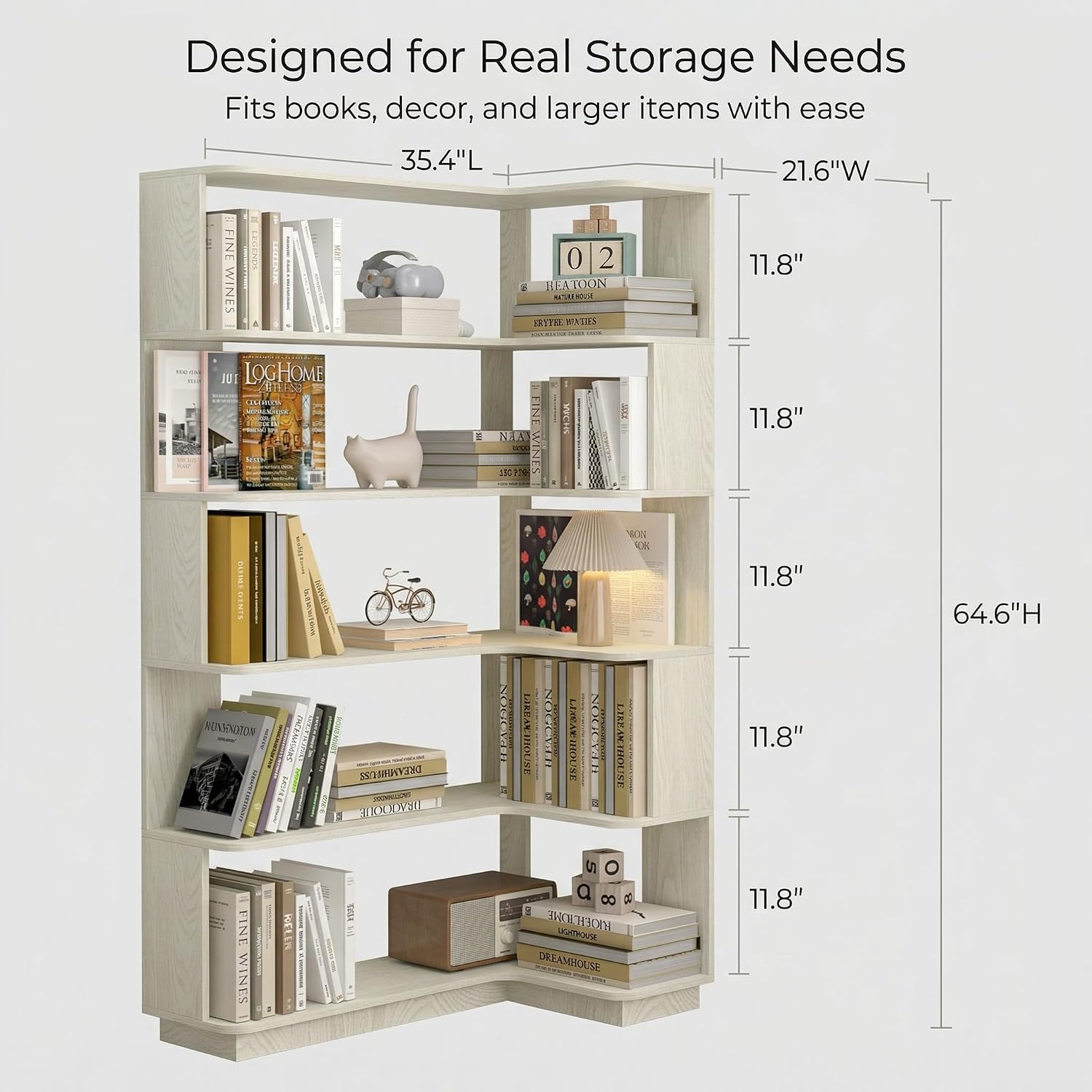 6 Tier Corner Bookshelf, Freestanding L-Shaped Wooden Bookcase with Open Shelves, Anti-Fall Panels and Anti-Tipping Device for Living Room, Home Office (White with Left Extension)
