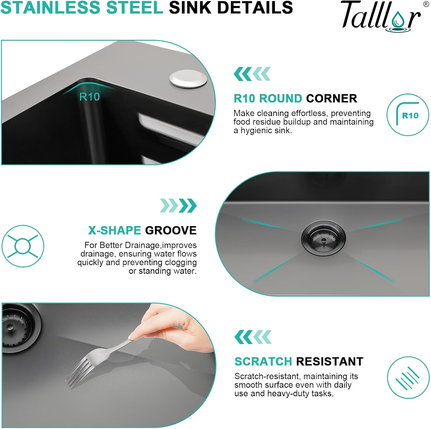 33x22 Gunmetal Black Drop In Kitchen Sink with Faucet, Waterfall Feature & Cup Washer, 16 Gauge 304 Stainless Steel, Workstation Accessories 3-Holes Sink for Residential Kitchen #TLWF-0001
