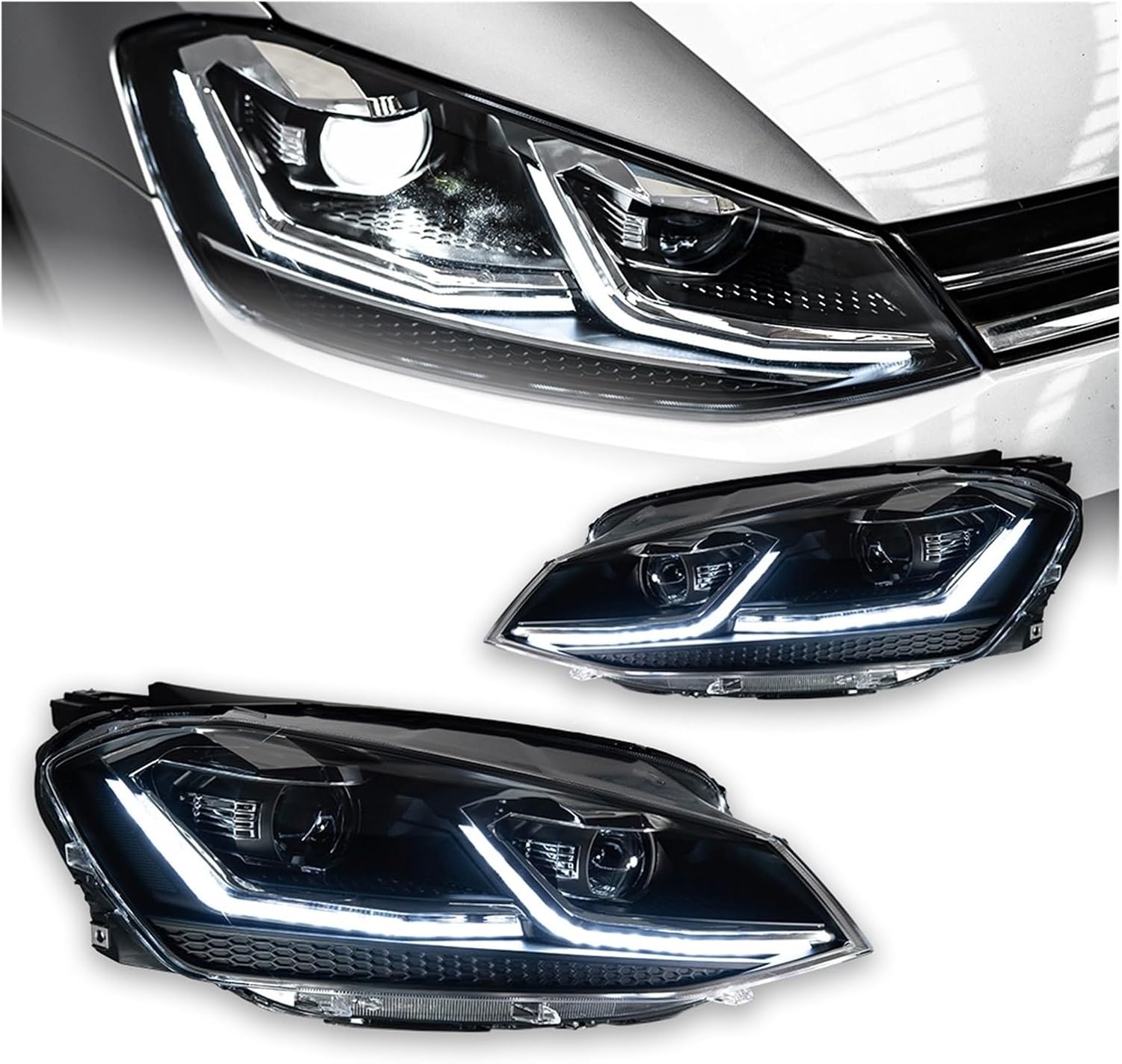 Car Lights Compatible With Golf 7 2013-2017 MK7 LED Auto Headlight Assembly And Front Grill Upgrade Dynamic Bifocal Lens LHD RHD Accessories(For Golf 7 Black)